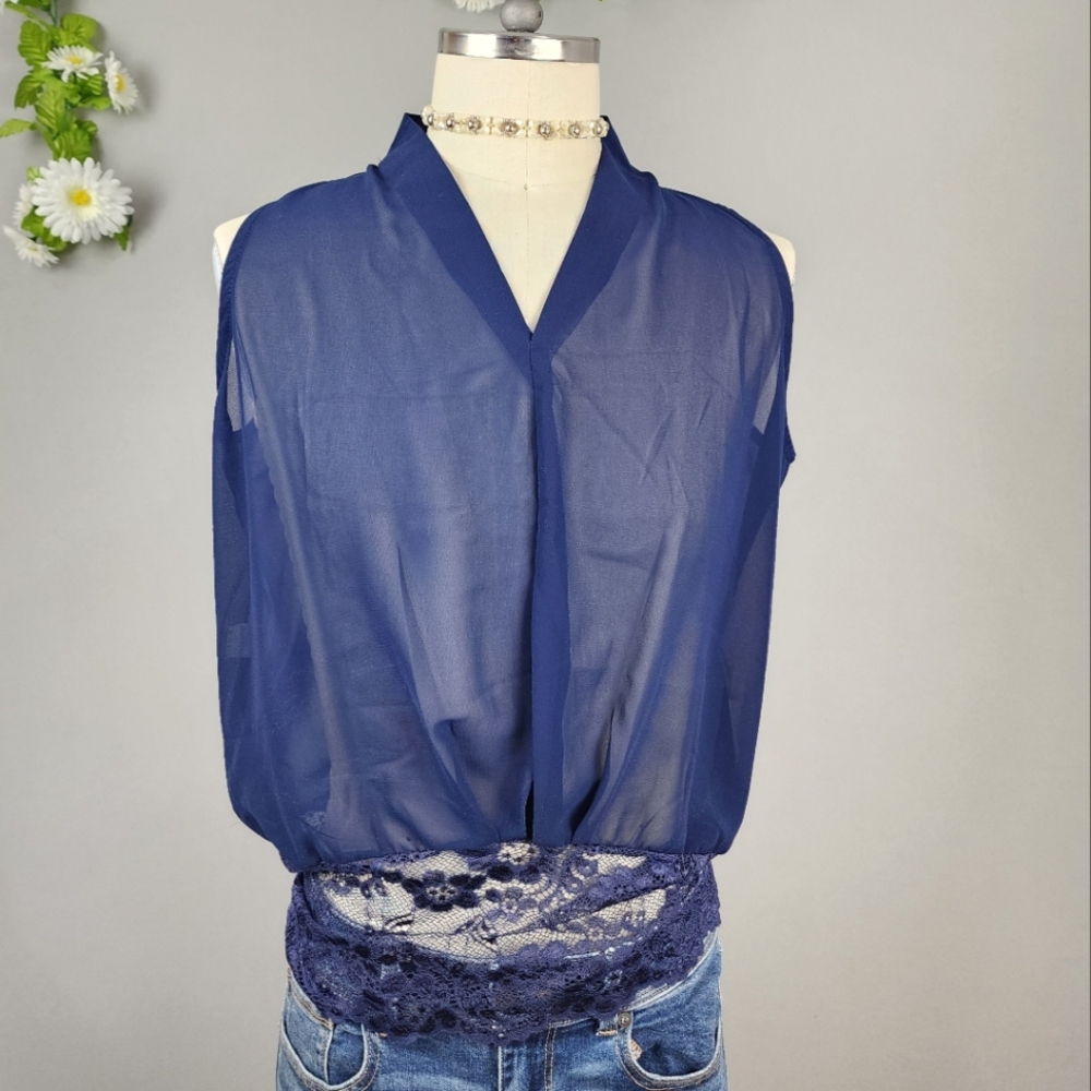 Yaya Sheer Navy Blue Sleeveless Shirt Womens Sz L